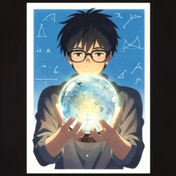 a man with his face hidden by hair wearing glasses holds up a crystal ball with mathematical symbols such as integrals, derivatives and greek letters, poster art by makoto shinkai, featured on pixiv, environmental art, official art, anime, movie poster