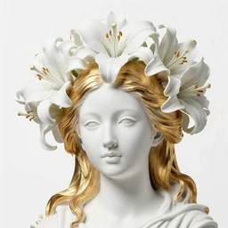 full head and shoulders, beautiful female porcelain sculpture by daniel arsham and raoul marks, smooth, all white features, gold massive hair, on a white background, delicate facial features, white eyes, white lashes, detailed white, lots of 3 d giant lillie's on the head