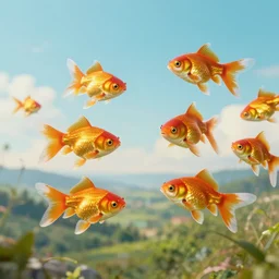 a beautiful detailed surreal goldfishes flying over a serene landscape, landscape photography composition, vivid colors, octane render, redshift render, by ellen jewett, by jean delville, by edmund dulac, by jean giraud