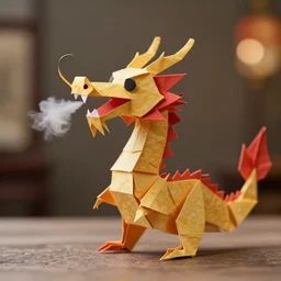 high quality presentation photo of fire breathing dragon made from origami, photography 4k, f1.8 anamorphic, bokeh, 4k, Canon, Nikon