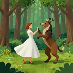 woman and woodland beast dancing in a clearing in the forest, by david hockney, james jean, concept art, with 3 d geometric accents, 4 k