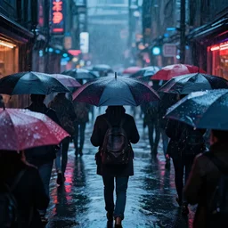Rainy atmosphere with people wearing umbrellas, cinematic, volumetric lighting, dramatic colors, hdr, photorealistic, trending on artstation, centered, intricate details, 4k, high-detail, high contrast, cyberpunk style, 8k