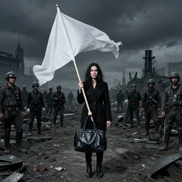 marina abramovich on horsebag, holding a white flag, surrounded by French steel workers, in a dystopian landscape, noir, High Definition detail, 8K, super wide angle lens