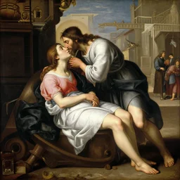 an 1 8 th oil panting of a jesus kissing a prostitute in the street