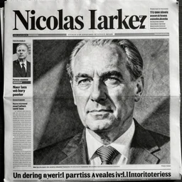 identikit drawing of nicolas sarkozy in the newspaper, b & w