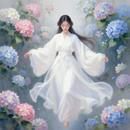 a beautiful elegant flower princess wearing white robes floating in the air surrounded by pink - blue - white hydrangeas, portrait, oil pastels, perfect face, eyes closed in a peaceful facial expression, white mood lighting, volumetric light, character concept art, digital art, trending on artstation