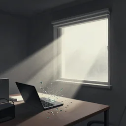 editorial illustration by karolis strautniekas and mads berg, office interior, small shattered glass shards broken laptop, near a window window, fog, fine texture, detailed, muted colors, film noir, dramatic lighting, dynamic composition, vivid, matte print, wide angle, ( ( sunbeams ) ), moody