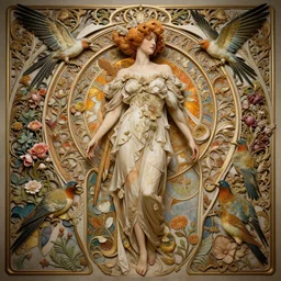 a beautiful intricate beatutifull woman with birds, ultra - wide angle, baroque, elagant, highly detailed, photorealistic, flowers, octane render, 8 k, unreal engine, by william turner, by victo ngai, by alphonse mucha, by miho hirano, by moebius, hd, trending on artstation, hyper detailed, muted intense colors