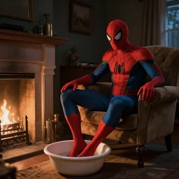 in a cozy dark room, in a room, spider - man sits on an armchair and soars his legs in a basin by the fireplace, realistic light, soft light, focus, depth of field, photorealism, 8 k quality, high quality, realistic style, classicism painting