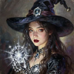 a portrait of girl magician, witch hat, lipstick, silver magic, fantasy, dungeons and dragons, an ultrafine detailed painting, chibi, detailed painting, boris valejo. octopath traveler decal!!!