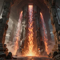 ornate stone temple with jagged basalt pillars flowing with lava streams, lavafalls, chains hanging from ceiling, light dust, by peter mohrbacher dan mumford craig mullins nekro, cgsociety, pixiv, volumetric light, 3 d render