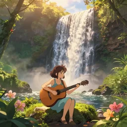 an epic makoto shinkai and renoir landscape of a hawaiian waterfall, golden hour, 🌺. a brown haired woman playing a guitar. ultra smooth, lois van baarle, ilya kuvshinov, unreal engine, blender, trending on artstation, suntur, caleb worcester, highly detailed, photorealism, bloom effect 8 k
