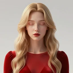 Humanoid demon woman, beautiful, perfect symettry face, eyeless, no eyes, red dress, blonde hair, 4k, volumetric lighting