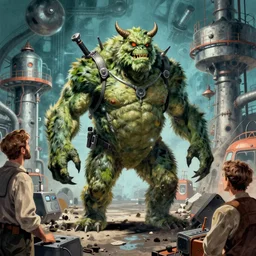 5 0 s pulp scifi fantasy illustration full body portrait monster wrecking laboratory, by earle bergey, edd cartier, howard v brown, frank r paul, astounding stories, amazing, fantasy, other worlds