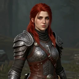 skyrim, lilu, young woman, red hair, freckles, leather fantys armor
