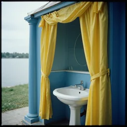 movie still of a blue post - human bathroom with yellow drapery with columns next to a lake, cinestill 8 0 0 t 3 5 mm, heavy grain, high quality, high detail