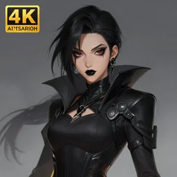 “ digital illustration of tracer from overwatch in a dark goth style, wearing black lipstick and a black outfit, 4 k, artstation, detailed face, neutral expression ”