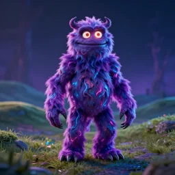 3 d model of a evil and deformed fur monster with glowing eyes by jim henson and alexander jansson : 1 | centered, spectral color, electric color, rolling hills : 0. 9 | fantasy : 0. 9 | by dave melvin : 0. 4 | unreal engine, deviantart, artstation, octane, finalrender, concept art, hd, 8 k resolution : 0. 8