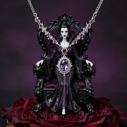 gothic style necklace of a vampiress on a rose throne walks in dark beauty with ornamental garments with artnouveau framed bezel highly detailed