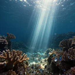 deep underwater, shafts of light piercing and refracting, corals are gemstones, intro to uncut gems, intersecting shafts of refracting light, brilliant, artstation, science, nature documentary, soft light, depth of vision, blur, georgia o'keefe, wide shot, 1 9 th century