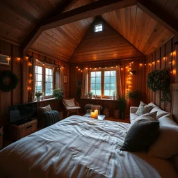 wide angle photograph of cozy upscale hygge bedroom in scottish countryside house at night, wood, plants, dim warm string lights, west elm furniture