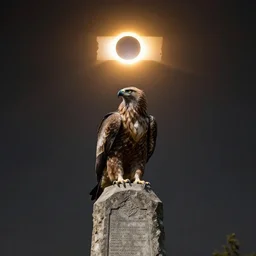 a stone monument of a buzzard with a solar eclipse behind it, ominous