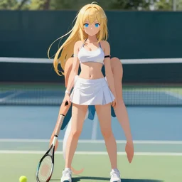 full body shot : a very beautiful young blond tennis anime girl, sky blue eyes, smug, bikini, white miniskirt, highly detailed, cinematic wallpaper by stanley artgerm lau
