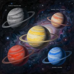 A beautiful painting of five planets by Gioele Muscolino and Daniel Oxford, There are only five planets that are black, white, yellow, red, and blue, behind the galaxy and the universe, Trending on artstation