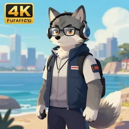 an anthropomorphic bipedal furry wolf technician fursona wearing headphones and glasses standing in front of a coastal skyline, 4k character digital art, trending on furaffinity