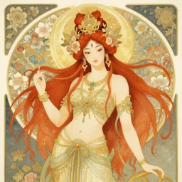 beautiful and playful ethereal ginger hindu goddess, art nouveau, fantasy, intricate japanese flower designs, elegant, highly detailed, sharp focus, art by chie yoshii