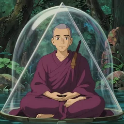 a film still portrait of a mauve old monk meditating inside a pyramid bubble in flooded jungle monument valley stonehenge. finely detailed features, closeup at the faces, chronenberg, perfect art, grimdark, trending on pixiv fanbox, painted by studio ghibli