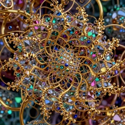 mandelbrot crystal fluid thin gold wire tendrils, ultra detail, photographic, octane, hd, 16k, higly intricate, sophisticated and complex digital painting, concept art, hyperrealism, Cinema 4D, 8k resolution, 64 megapixels, CGSociety, ZBrush Central, behance HD, hypermaximalist, a masterpiece, parallax, geometric colorful, detailed