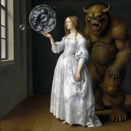 a woman made of bubbles, standing next to a monster, by Jan van Eyck