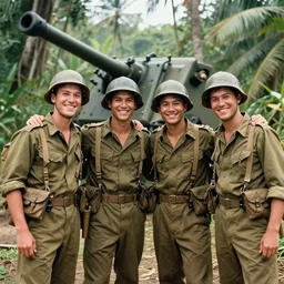 Four American Soldiers smiling and posing for a photograph, Vietnam War, Jungle, Artillery in the background, highly detailed, 4k, old photograph
