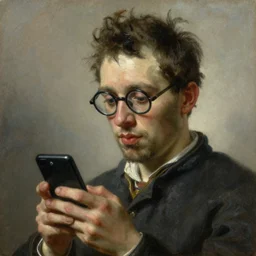 portrait of a handsome man with glasses holding smartphone!! oil painting by joseph ducreux, dutch master, art, oil on canvas, wet - on - wet technique, highly realistic, expressive emotions, intricate textures, illusionistic detail, 4 k