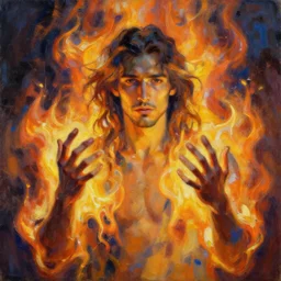 abstract painting of man engulfed in flames. Handsome. Long hair. portrait. ArtStation. Impressionist