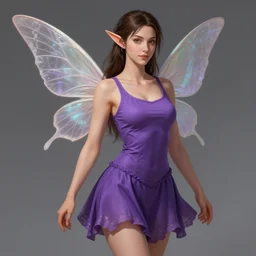 brunette elf with fairy wings, wearing purple tanktop and flared skirt, d & d, fantasy, highly detailed, digital painting, trending on artstation, concept art, sharp focus, illustration, art by artgerm and rosstran