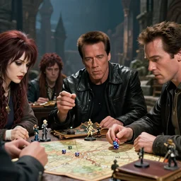 film still dnd, schwarzenegger, beckinsale, theron, lawther sit at table playing dnd, dices map book miniatures, finely detailed features, closeup at the faces, perfect art, at an ancient city, gapmoe yandere grimdark, painted akihiko yoshida