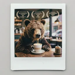a very beautiful old Polaroid picture of a bear drinking coffee inside a coffee shop, award winning photography, damaged