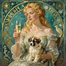 blonde with glass of champagne in her hand and puppy on her lap. teal background. art by mucha