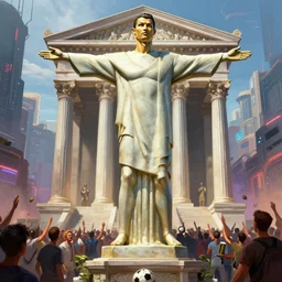 greek statue of cristiano ronaldo as the god of football, temple, crowd, cyberpunk, city, day, highly detailed, digital painting, artstation, concept art, illustration, art by artgerm and greg rutkowski and alphonse mucha