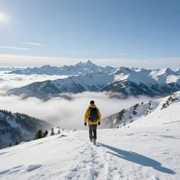 a hyper detailed photo of walking across a summit of a beautiful mountain range above the clouds, winter, snow, photorealistic, unreal engine 5, 8 k post production, cinematographic, ray tracing, v - ray, octane render, go pro, artstation trending, concept art