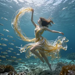 a woman made of thousands of thin ribbons of translucent gold and silver fabric that are twisting and swirling in the swift current in an underwater landscape is dancing next to a school of thousands of silver fish, caustics lighting from above, highly detailed, fantasy, unreal engine