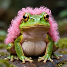 a frog with long curly pink fur