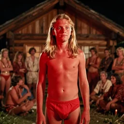 6 0 year old linus roache with long blond hair, male bathing suit, red lighting, cult meeting, log cabin background, nighttime, cinestill 8 0 0 t, 1 9 8 0 s movie still, film grain
