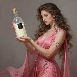 a beautiful years old chatain hair woman in a pink - red long dress with silver rings and pink nails \ she makes levitate precious transparent bottle filled with ivory white liquid and a black sticker on it. fantasy, intricate, elegant, highly detailed, digital painting, artstation, concept art, matte, illustration, artgerm and roberto ferri