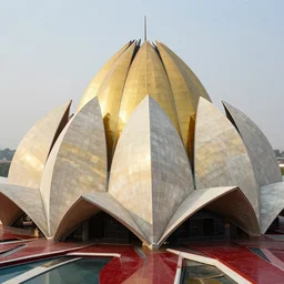 futuristic lotus temple space station with gold, red and white marble panels, by buckminster fuller and syd mead, intricate contemporary architecture, photo journalism, photography, cinematic, national geographic photoshoot