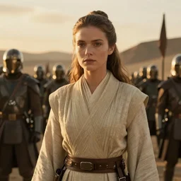 bella heathcote as padme amidala at the battle of geonosis, golden hour, cinematic