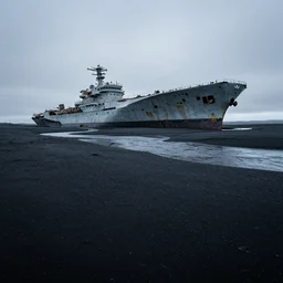 low angle cinematic shot of abandoned aircraft carrier submerged in the middle of an endless black sand beach in iceland, rivers