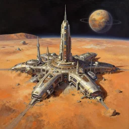 oil sci fi painting of human colony city on planet mars, sci - fi natural rendering, trending on artstation, by, studio ghibli, makoto shinkai michael whealan and james gurney